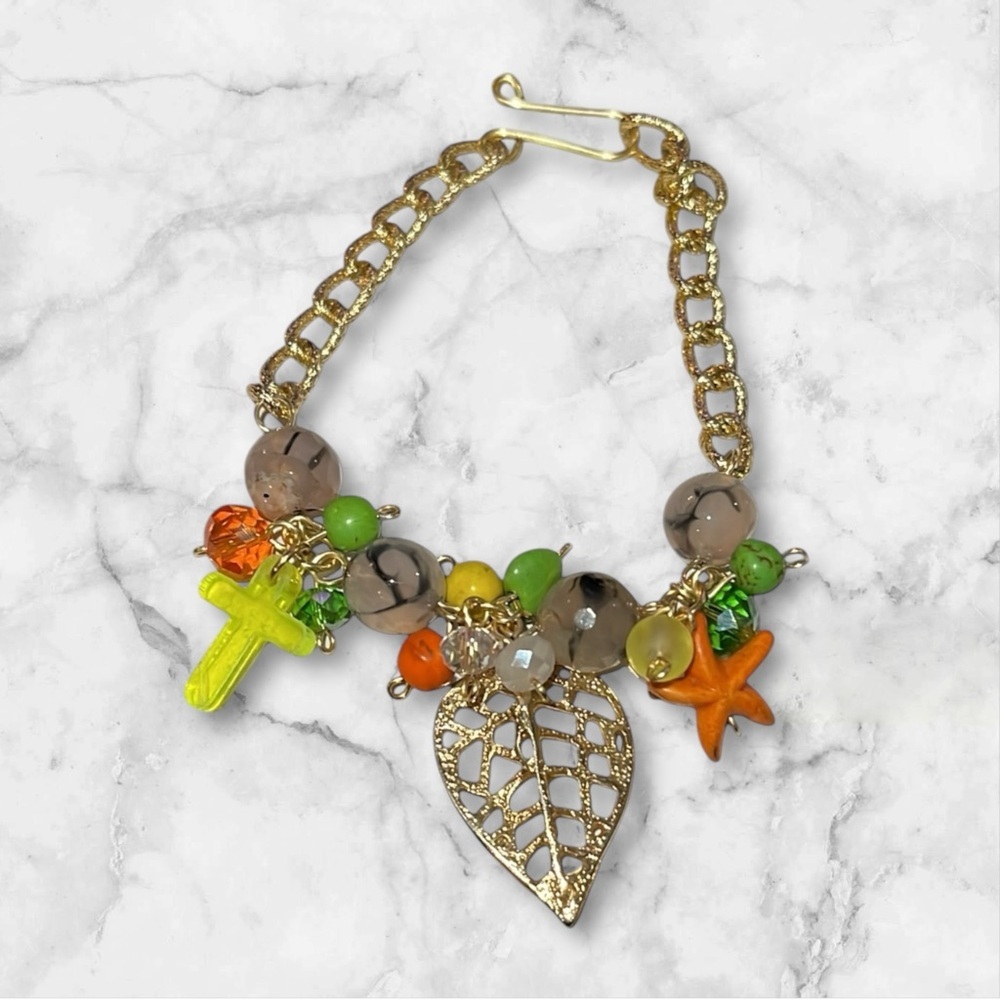 Boho Charm Bracelet Gold Tone Cross Starfish Leaf Beaded Statement